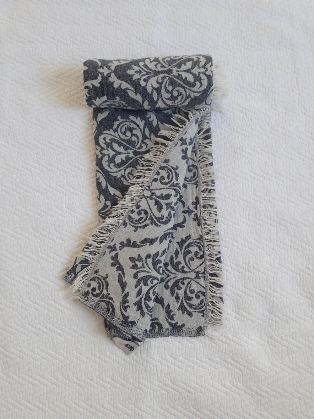 Reversible Gray Damask Throw Blanket with Fringe